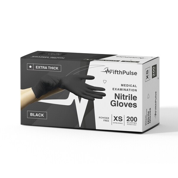 Fifthpulse FMN1004, Disposable Gloves, 4.5 mil Palm, Nitrile, Powder-Free, XS, 200 PK, Black FP-N-200-XS-BLK-4.5 - main